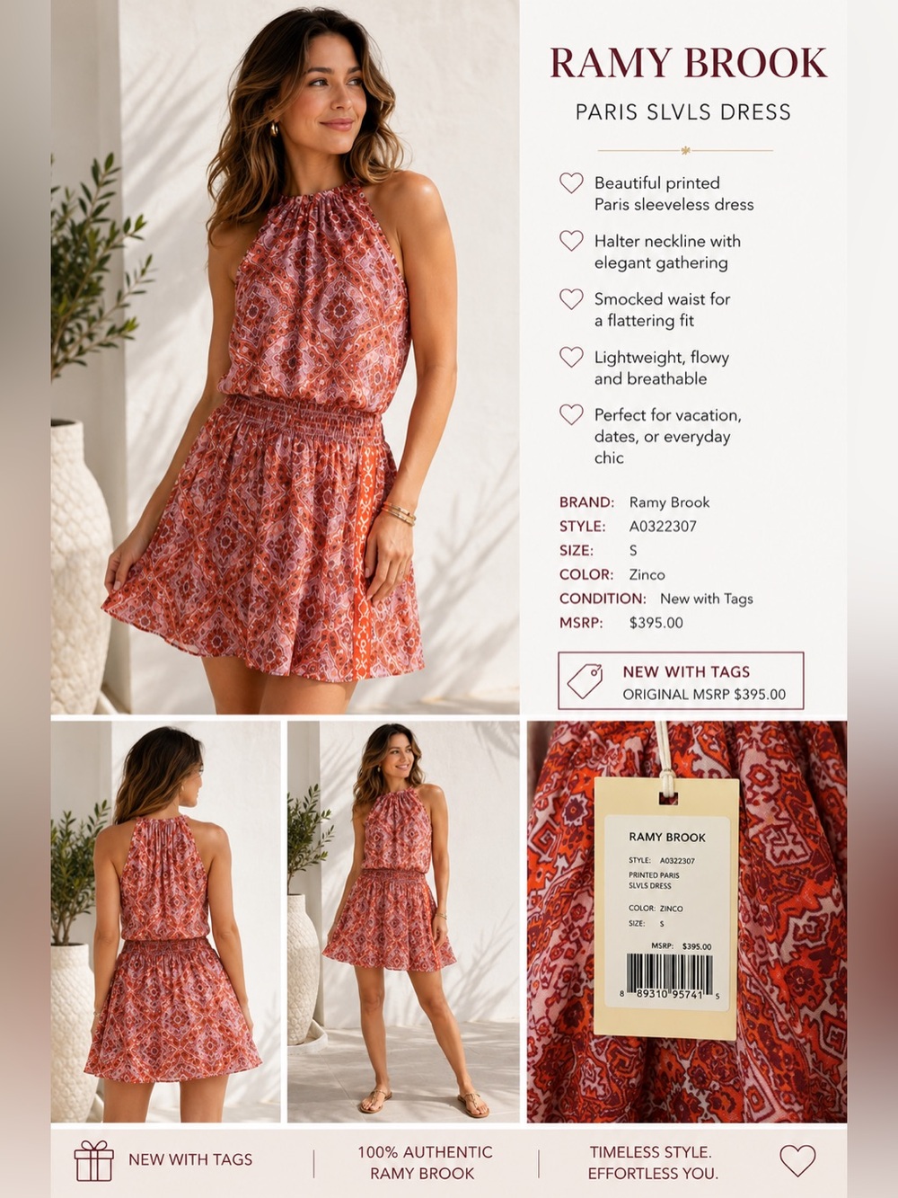 Ramy Brook Pink-Coral Printed Halter Mini Dress